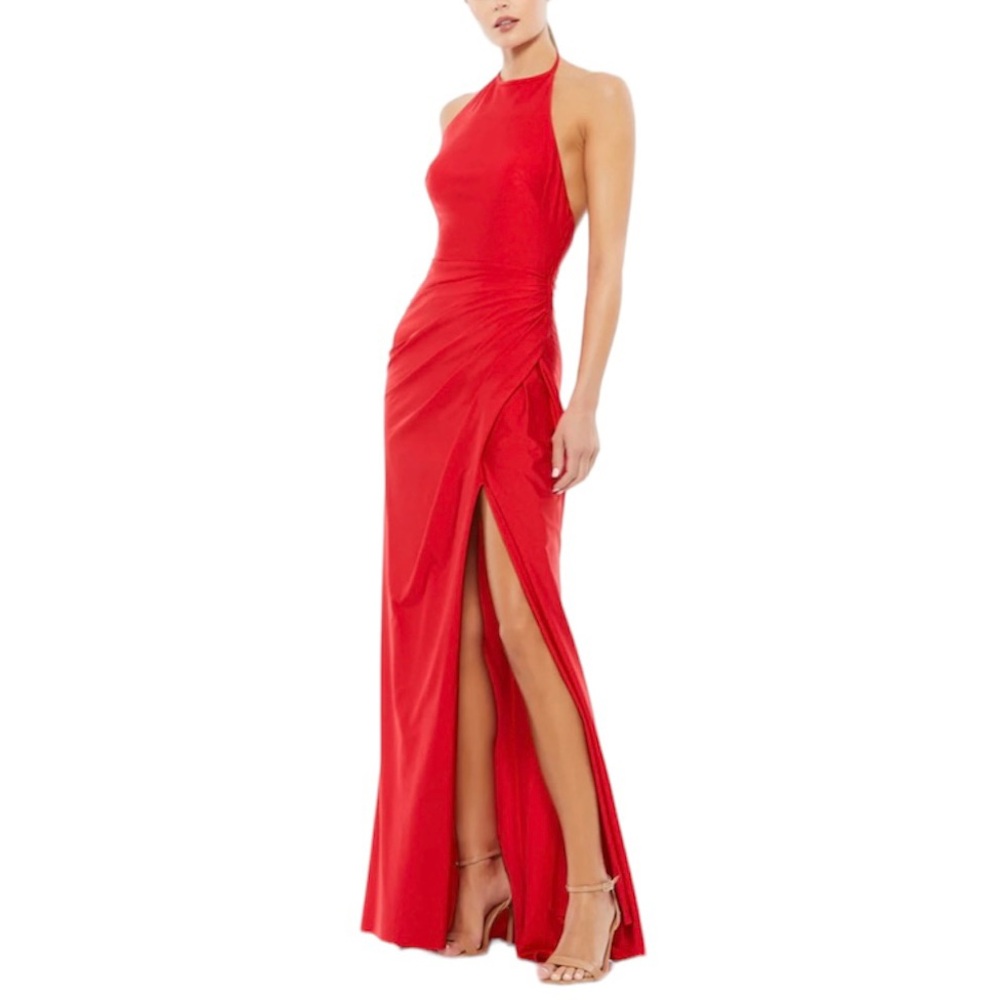 Ieena by Mac Duggal Pleated Sleeveless Halter Gown Red 2